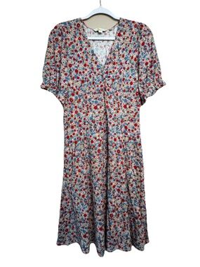 Boden Floral V-Neck Jersey Dress Red Blue Puff Sleeve Size 8 Tall 8L H15